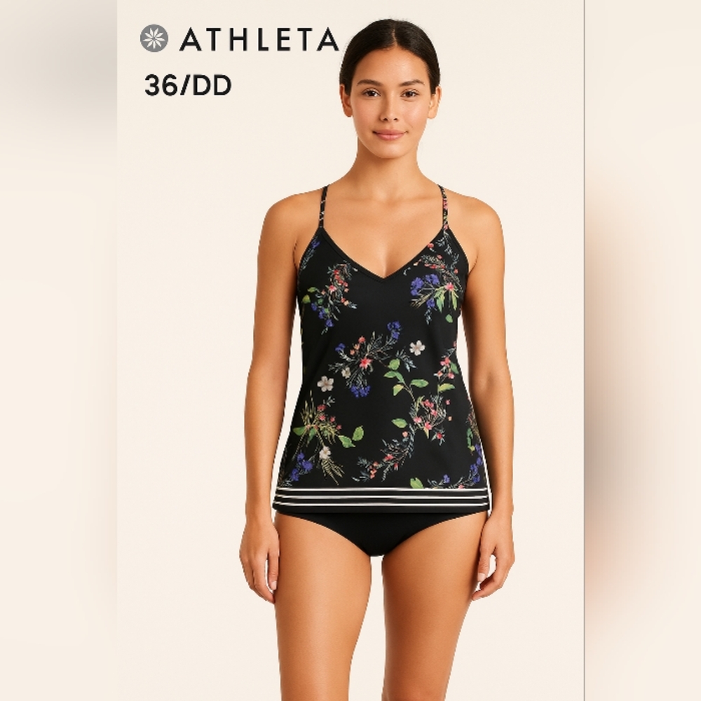 Athleta Cross Back Swim Tank – Black Floral Bra-Sized Tankini Top – Size 36D/DD